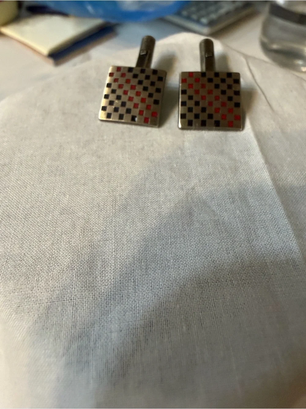 Men's Square Checkered Cufflinks in Silver with Black & Red Accents